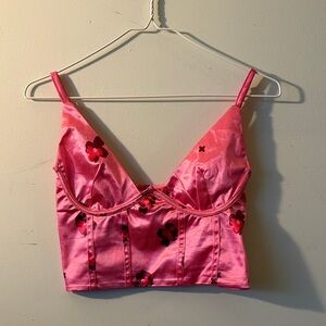 Pink Floral Satin Corset Style Crop Top